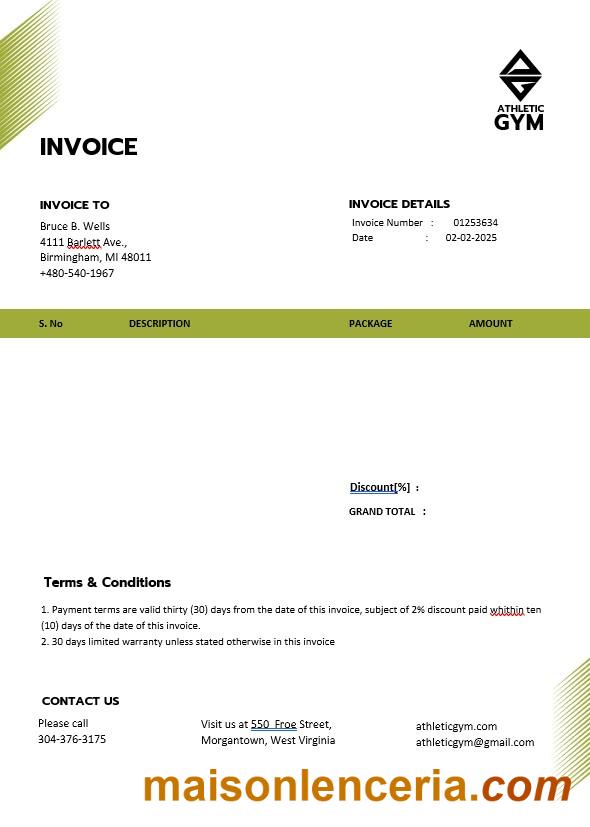 Szablon faktury trenera Fitness w formatach Word i PDF